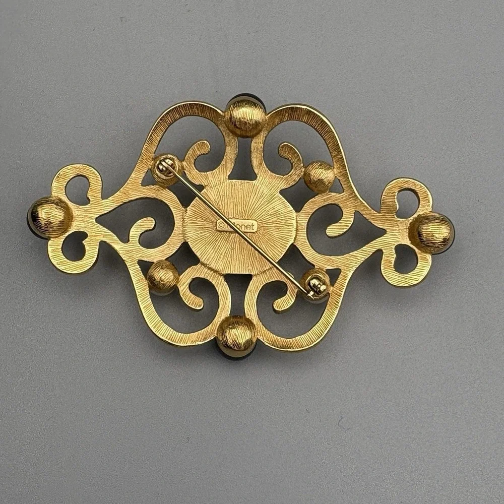 Vintage Monet Pin Brooch Gold Tone Simulated Pearls Scrolls Etruscan Revival